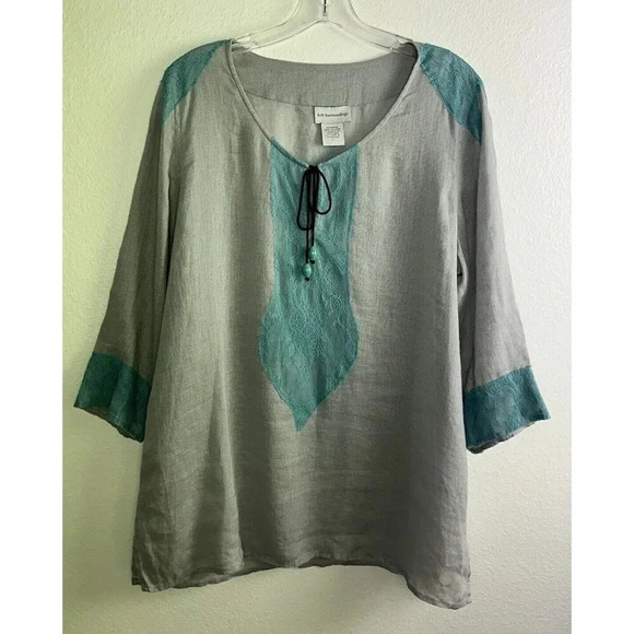 Soft Surroundings Linen Tunic Top Size L Gray Aqua Lace Boho 3/4 Sleeves - Picture 2 of 16